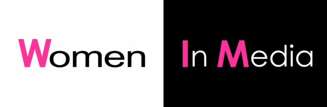 Women In Media logo with pink lettering on black and white backgrounds